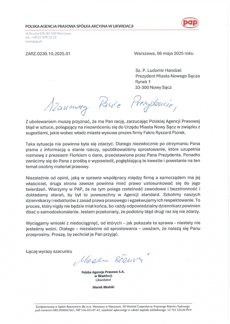 Oficjalne pismo z przeprosinami dla prezydenta Ludomira Handzla od Marka Błońskiego likwidatora Polskiej Agencji Prasowej