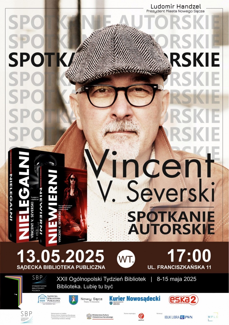 Plakat informujący o spotkaniu z Vincentem V. Severskim w Sądeckiej Bibliotece Publicznej