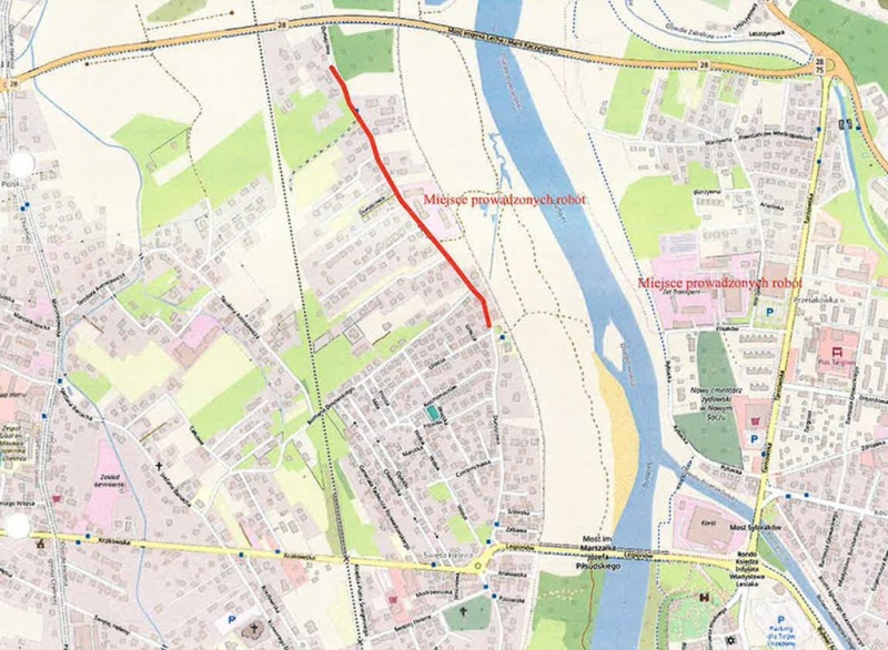 Mapka przedstawiająca trasy objazdów z powodu remontu ul. Dunajcowej