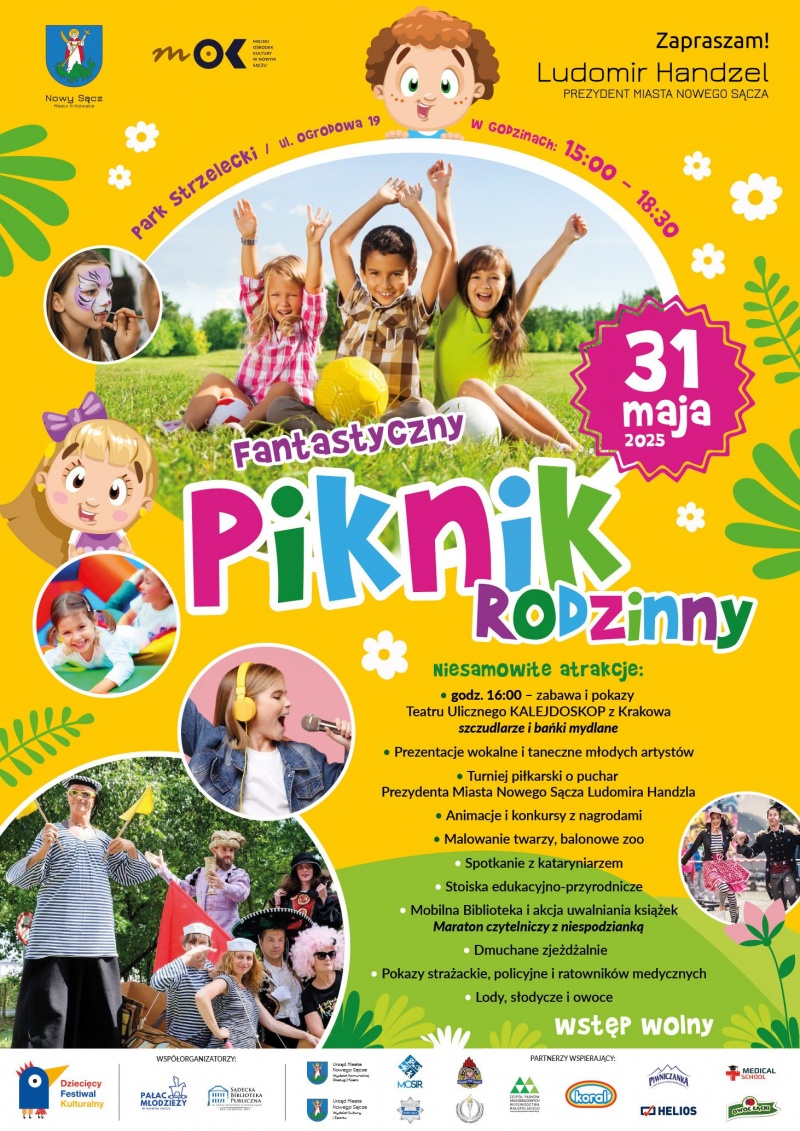 Plakat informujący o Fantastycznym Pikniku Rodzinnym w Parku Strzeleckim
