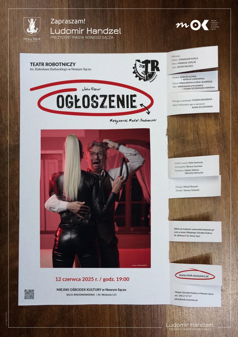 Plakat informujący o spektaklu pt. "Ogłoszenie" w MOK