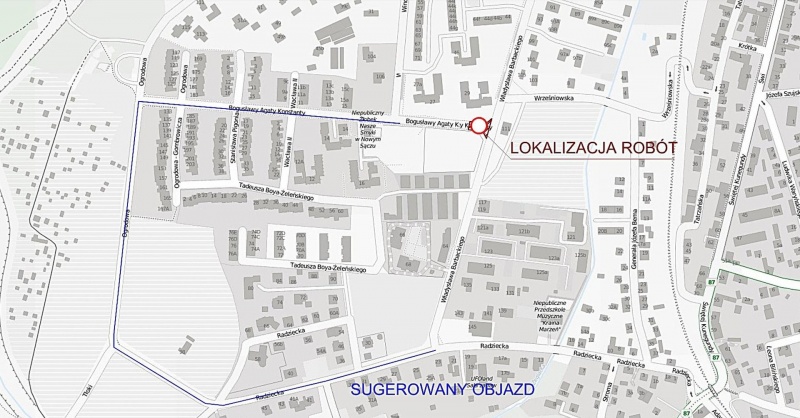Mapka informująca o zakazie zjazdu z ul. Barbackiego w ul. Konstanty