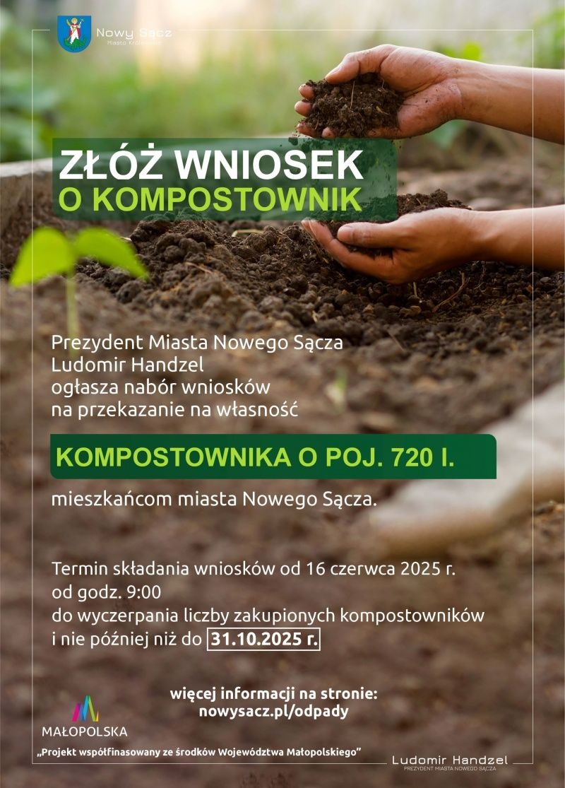 Plakat informujący o wnioskach o bezpłatne przekazanie kompostowników