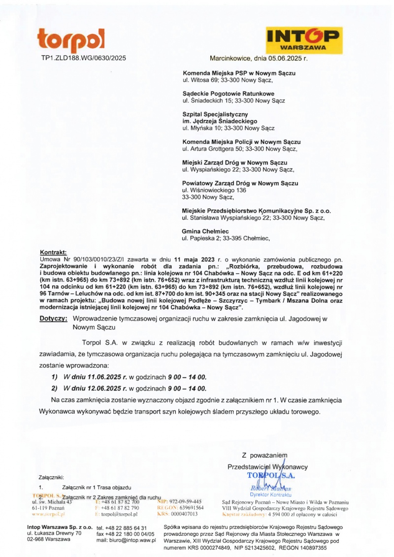 Pismo od firmy Torpol informujące o zamknięciu ul. Jagodowej