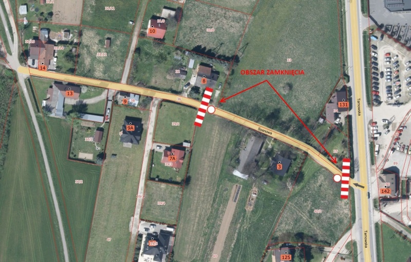 Mapka przedstawiająca odcinek ul. Sosnowej, na którym będą prowadzone prace przygotowawcze