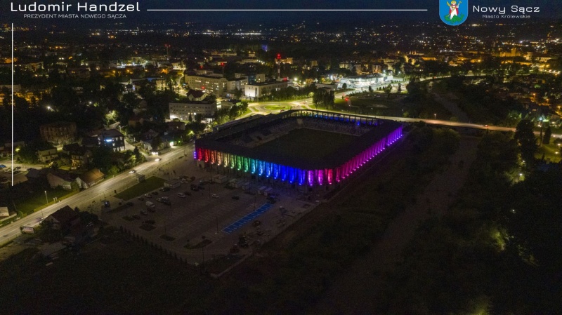 Stadion miejski w Nowym Saczu. Widok z lotu ptaka