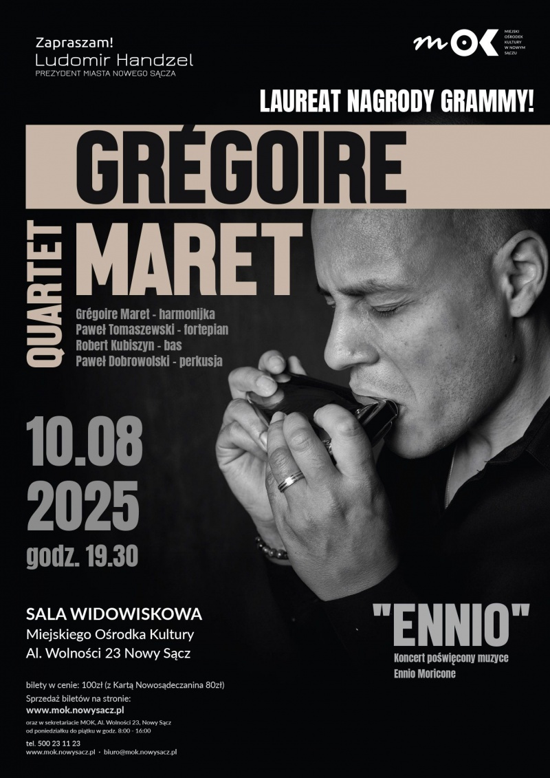 Plakat informujący o koncercie Gregoire Maret Quartet w Miejskim Ośrodku Kultury