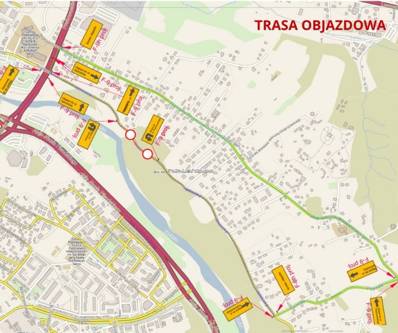 Mapka przedstawiająca trasę objazdów w związku z remontem fragmentu ul. Jamnickiej