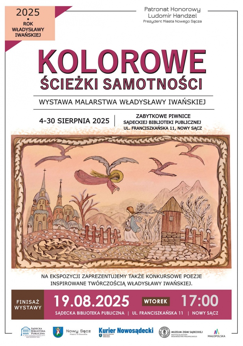 Plakat informujący o finisażu wystawy malarstwa Władysławy Iwańskiej w Sądeckiej Bibliotece Publicznej
