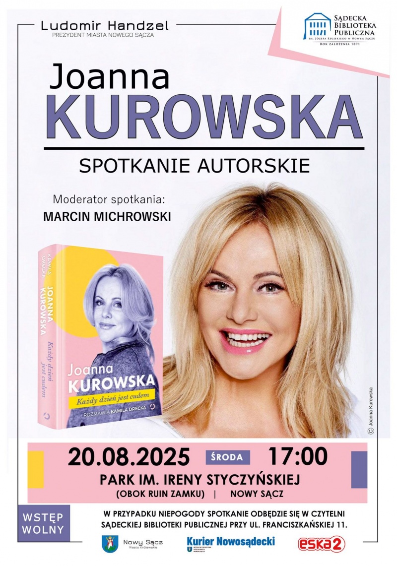 Plakat informujący o spotkaniu z Joanną Kurowską w Sądeckiej Bibliotece Publicznej