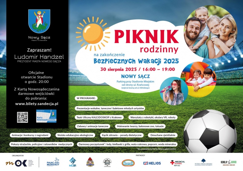 Plakat informujący o Pikniku Rodzinnym za zakończenie akcji Bezpieczne Wakacje 2025