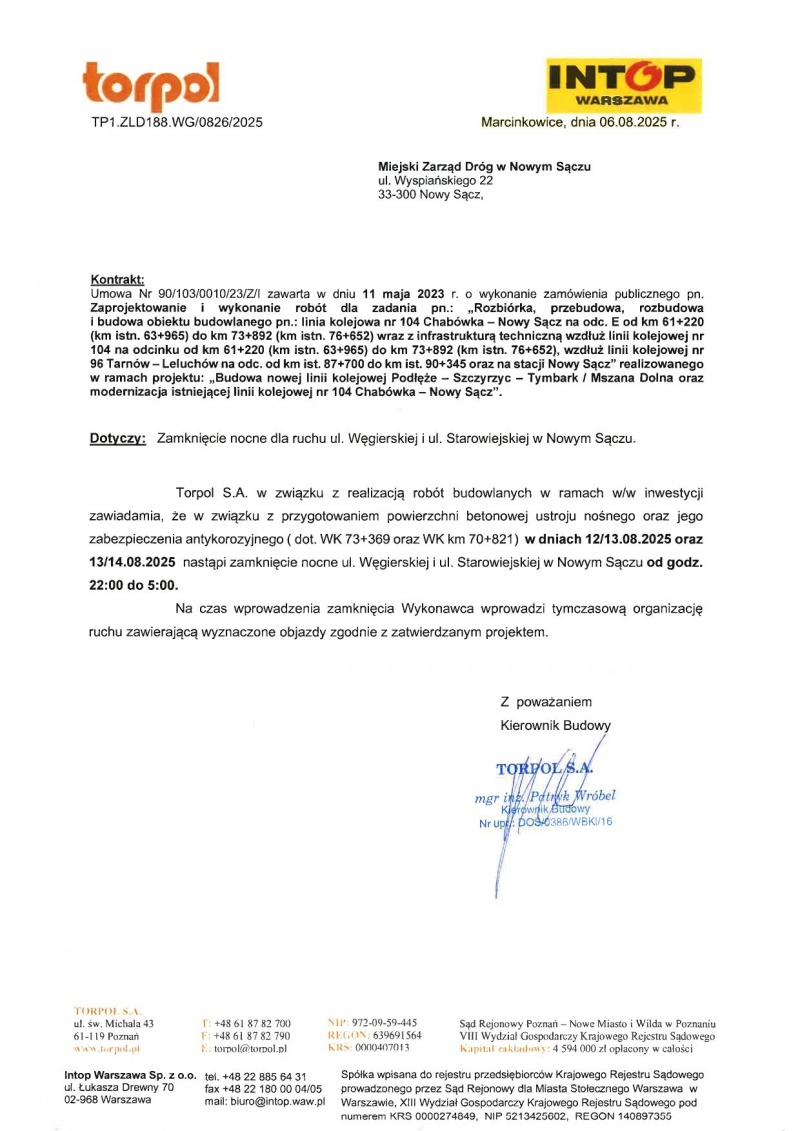 Treść pisma odnośnie zamknięcia ulic Starowiejskiej i Węgierskiej