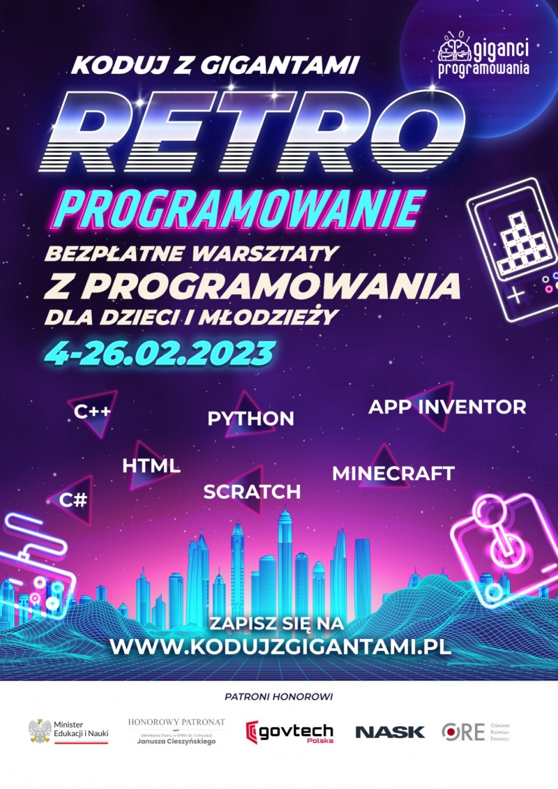 Plakat dotyczący zaproszenia na warsztaty “Koduj z Gigantami - Retroprogramowanie”.