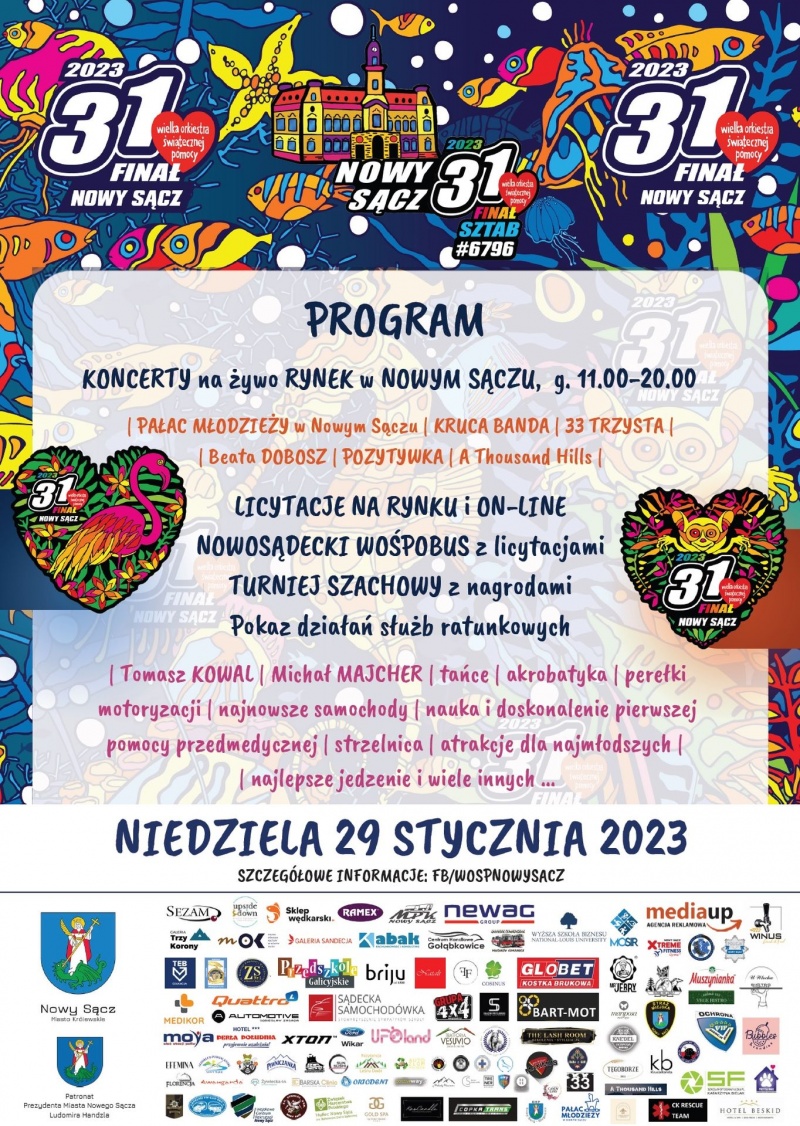 Plakat zapraszający na 31 finał WOŚP w Nowym Sączu 