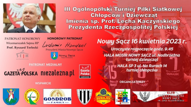 Plakat dotyczący III ogólnopolskiego turnieju piłki siatkowej chłopców i dziewcząt imienia śp. prof. Lecha Kaczyńskiego prezydenta RP