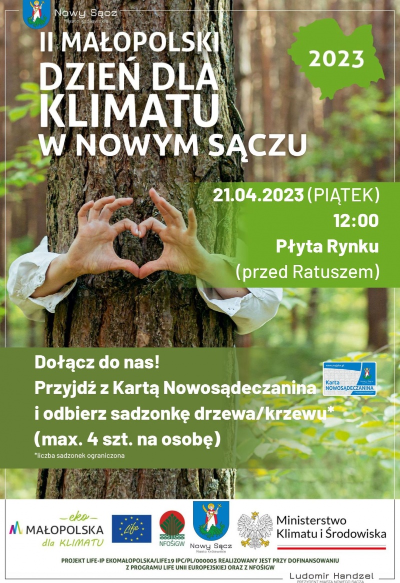 Plakat informujący o akcji rozdawania sadzonek na nowosądeckim Rynku