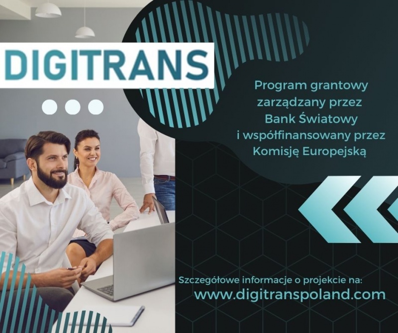 Logo projektu digitaltrans, kobieta i meżczyzna ma biznesowym spotkaniu 